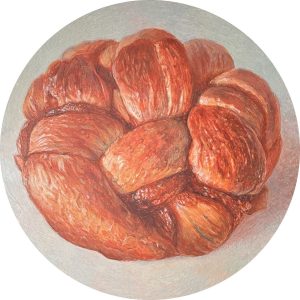 Zwweds kaneelbrood is een schilderij van een baksel geschilderd door kunstenaar Esther Leuvenink