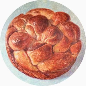 Groot Zweeds kaneelbrood is een schilderij stilleven van een brood geschilderd door Esther Leuvenink