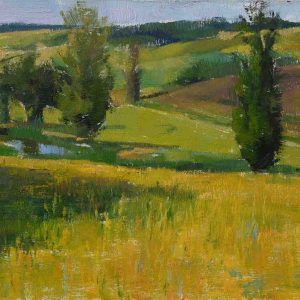 Graanheuvels bij le Lac is een schilderij van een landschap door Anne Maria Vargiu
