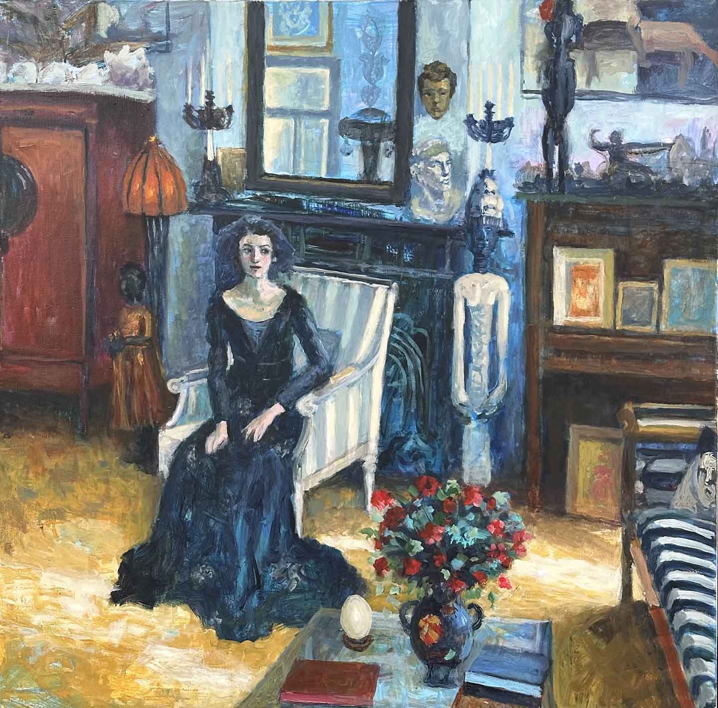 Het feest kan beginnen is een schilderij van een vrouw in een interieur geschilderd door Annemarie de Groot