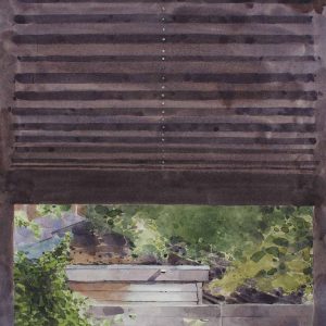 Gordijn is een aquarel van een gordijn met een strookje tuin eronder, geschilderd door Manuel Remerie