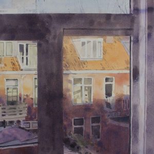 Ochtendzon boven is een schilderij van een uitzicht uit een raam, geschilderd door Manuel Remerie
