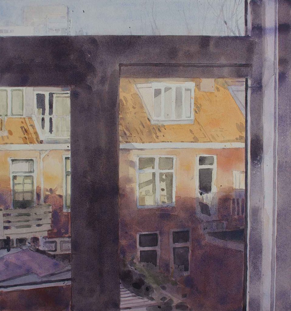 Ochtendzon boven is een schilderij van een uitzicht uit een raam, geschilderd door Manuel Remerie