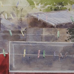 Waslijnen is een aquarel van een uitzicht op een tuin van Manuel Remerie