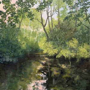 Een dag met een gouden rand is een schilderij van een landschap met water en bossage in de kleuren groen en roze geschilderd door Marein Konijn