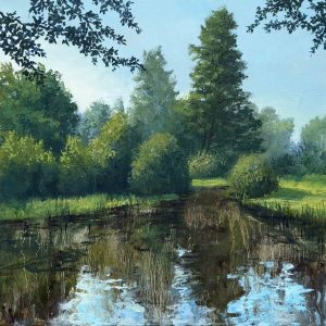 Getroffen is een schilderij van een waterpartij met bossages eromheen geschilderd in groen en blauw tinten door Marein Konijn