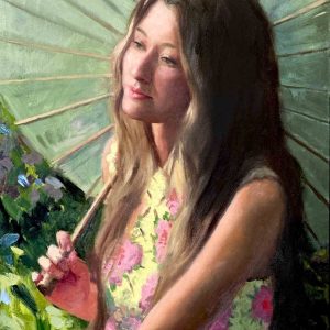 Meisje met parasol is een schilderij in groentinten van een vrouw geschilderd door Roelie Douw