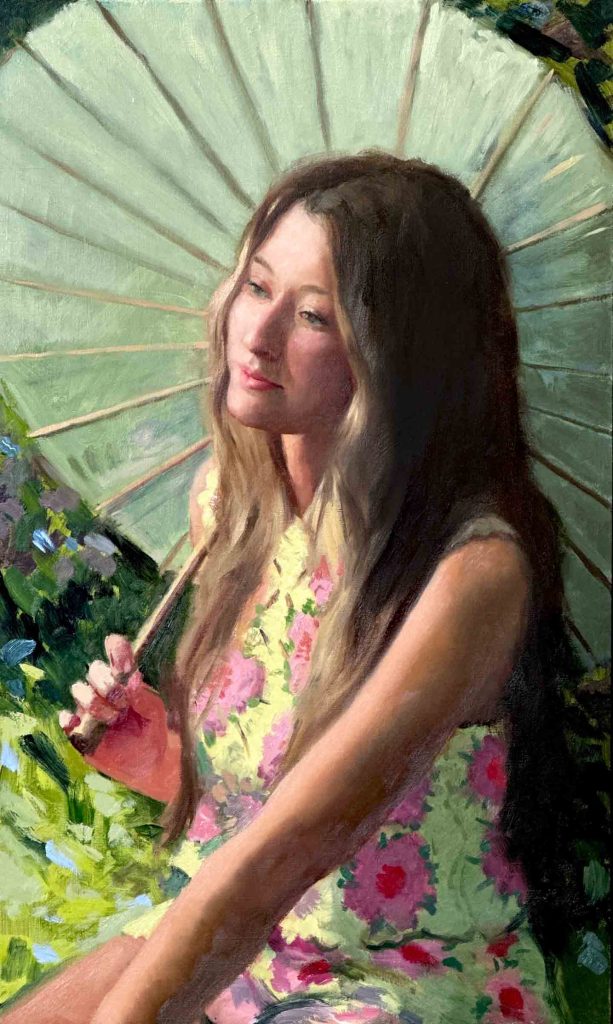 Meisje met parasol is een schilderij in groentinten van een vrouw geschilderd door Roelie Douw