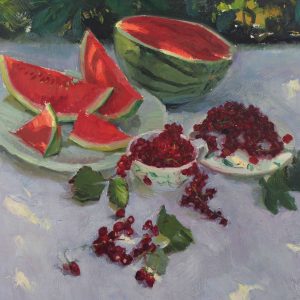Studie van rood fruit is een stilleven schilderij van Anna Maria Vargiu